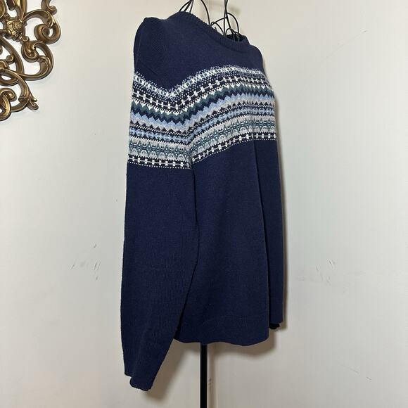 J.Crew Men’s Large 100% Lambswool Sweater Navy Fair Isle Pullover Crewneck Ski - Picture 4 of 8
